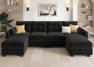 Velvet U-Shaped Sectional Sofa with Storage Ottoman
