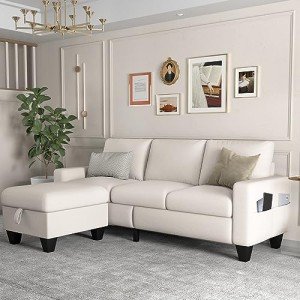 Beige Linen Convertible Sectional Sofa with Storage