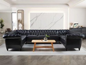 Spacious U-Shaped Chesterfield Faux Leather Sofa