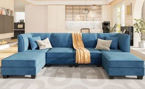 Shintenchi 116" Reversible Blue Modular Sectional Sofa