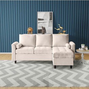 Beige L-Shaped Chenille Convertible Couch Sectional