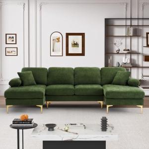 Olive Green U-Shaped Velvet Sectional Sofa