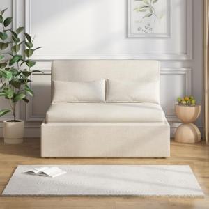 Beige Twin Size 2-in-1 Sofa Bed with Pillows