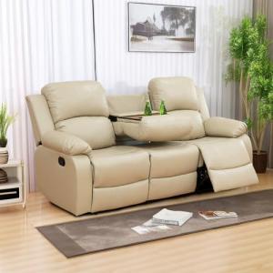 Beige Leather Reclining 3-Seater Sofa with Cup Holders
