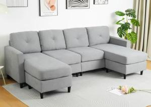 Light Grey U-Shaped Sectional Sofa with Ottoman