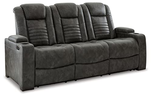 Gray Faux Leather Power Reclining Sofa with Tufting