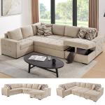 Beige U-Shaped Sleeper Sectional Sofa with Storage