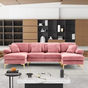 U-Shaped Velvet Sectional Sofa with Ottoman and Pillows
