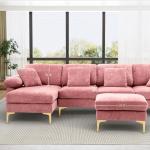 U-Shaped Velvet Sectional Sofa with Ottoman and Pillows