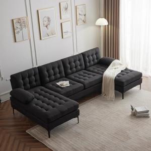 U-Shaped Black Linen Sectional Sofa with Chaises