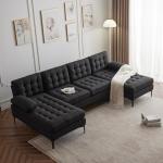 U-Shaped Black Linen Sectional Sofa with Chaises