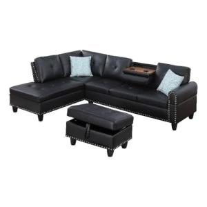 Black Faux Leather Sectional Sofa with Ottoman