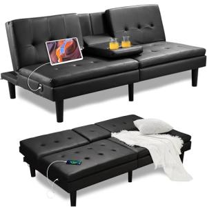 Modern Convertible Sofa Bed with USB and Cupholders