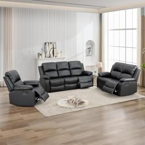 Stylish Black Leather Reclining Sofa Set