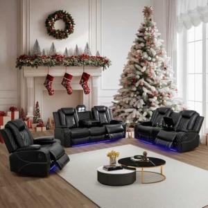 Power Leather Recliner Sofa Set with LED Lights