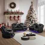 Power Leather Recliner Sofa Set with LED Lights