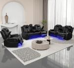 Black Leather Power Recliner Sofa Set with USB