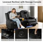 Black Leather Power Recliner Sofa Set with USB