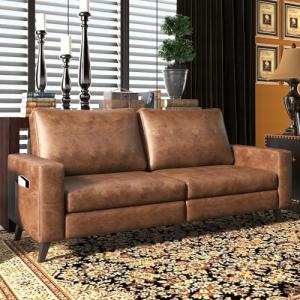 Brown Mid-Century Modern Faux Leather Sofa
