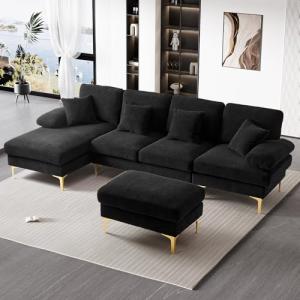 U-Shaped Velvet Sectional Sofa Set - Black
