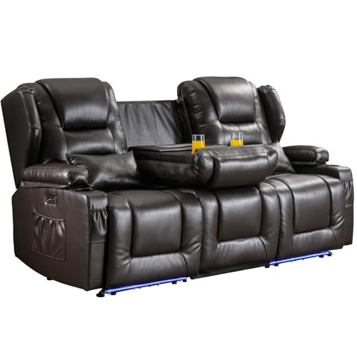 Brown 3-Seater Power Recliner Sofa with Cup Holders