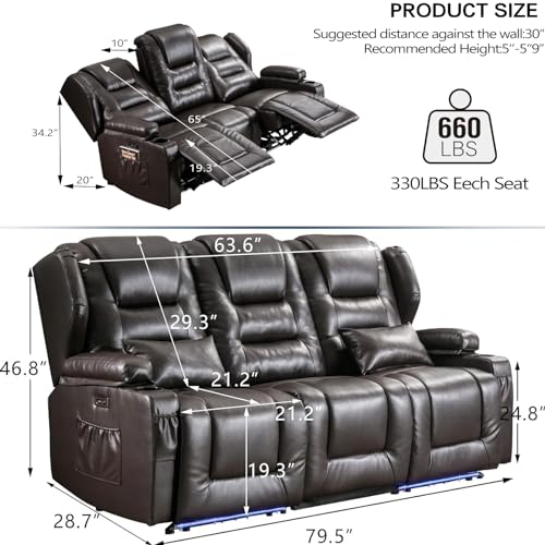 Brown 3-Seater Power Recliner Sofa with Cup Holders