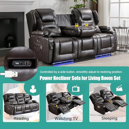 Brown 3-Seater Power Recliner Sofa with Cup Holders