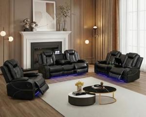 Power Leather Recliner Sofa Set with LED Lights