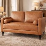 Tan Mid-Century Genuine Leather Loveseat Sofa Bed