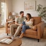 Tan Mid-Century Genuine Leather Loveseat Sofa Bed