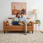 Tan Mid-Century Genuine Leather Loveseat Sofa Bed