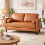 Tan Mid-Century Genuine Leather Loveseat Sofa Bed