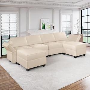 Beige U-Shaped Modular Sectional Sofa with Ottoman