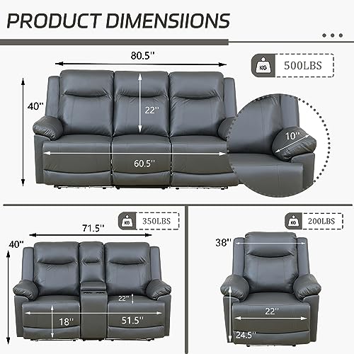 LED Power Recliner Sofa Set, Dark Grey