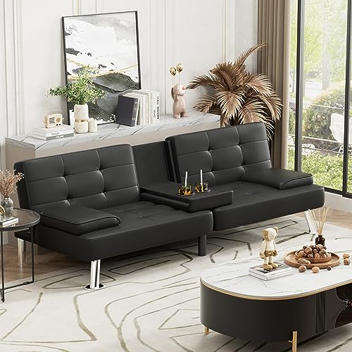 Modern Black Faux Leather Futon Sofa Bed