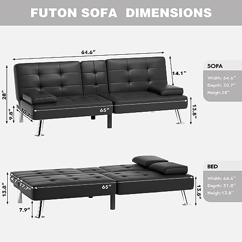 Modern Black Faux Leather Futon Sofa Bed
