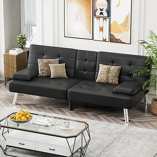 Modern Black Faux Leather Futon Sofa Bed