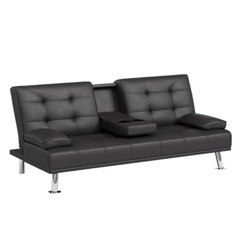 Modern Black Faux Leather Futon Sofa Bed
