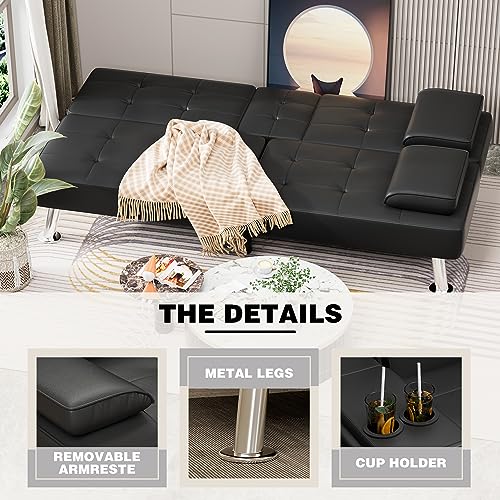 Modern Black Faux Leather Futon Sofa Bed