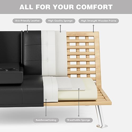 Modern Black Faux Leather Futon Sofa Bed