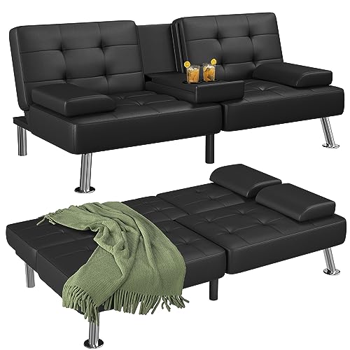 Modern Faux Leather Futon Couch with Armrest and Cup Holders
