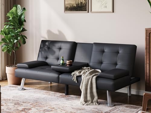 LINSY Black Faux Leather Futon Sofa Bed