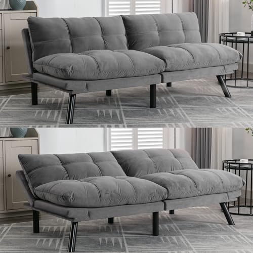 Light Grey Convertible Velvet Futon Sofa Bed