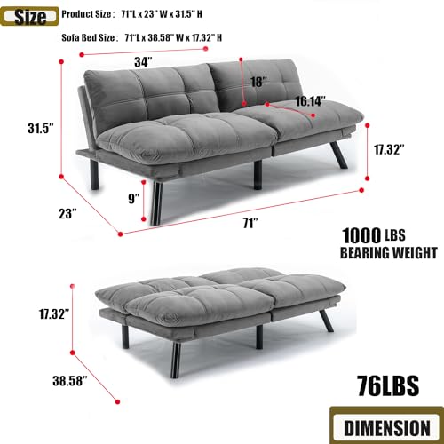 Light Grey Convertible Velvet Futon Sofa Bed