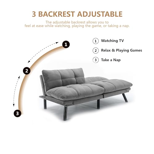 Light Grey Convertible Velvet Futon Sofa Bed
