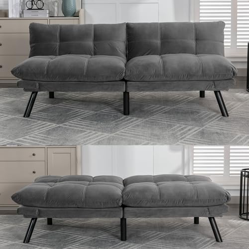 Light Grey Convertible Velvet Futon Sofa Bed
