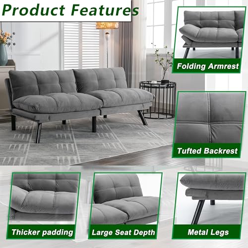 Light Grey Convertible Velvet Futon Sofa Bed