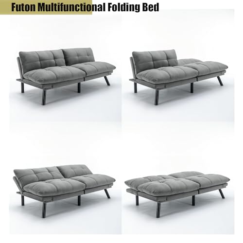 Light Grey Convertible Velvet Futon Sofa Bed