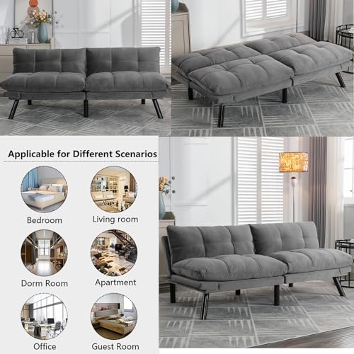 Light Grey Convertible Velvet Futon Sofa Bed
