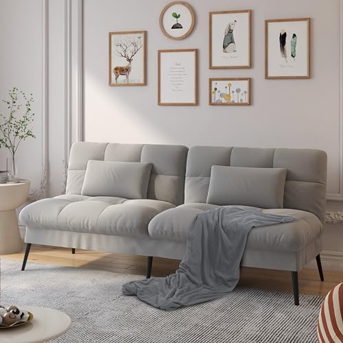 Grey Convertible Futon Sofa Bed with Adjustable Backrest